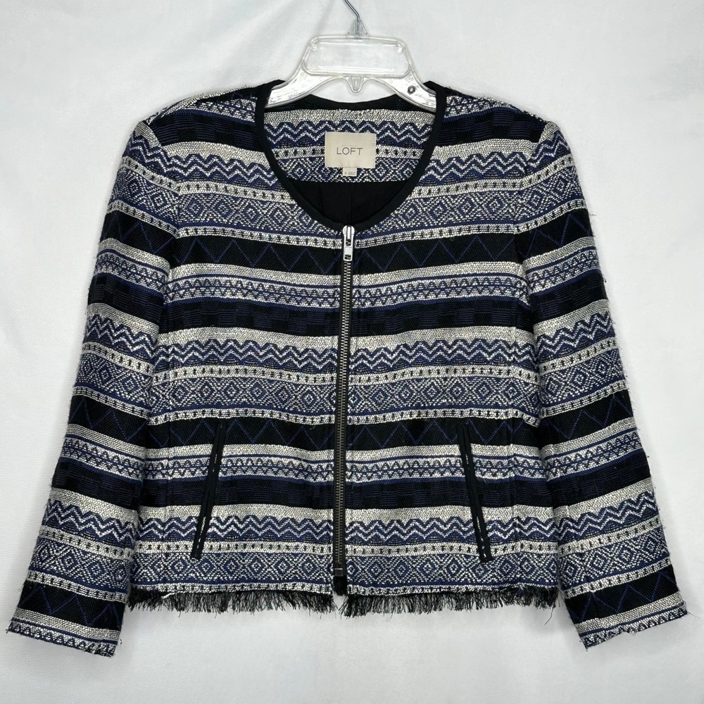 Ann Taylor Loft Blue Black Tweed Aztec Print Fringe Zip Sz 8